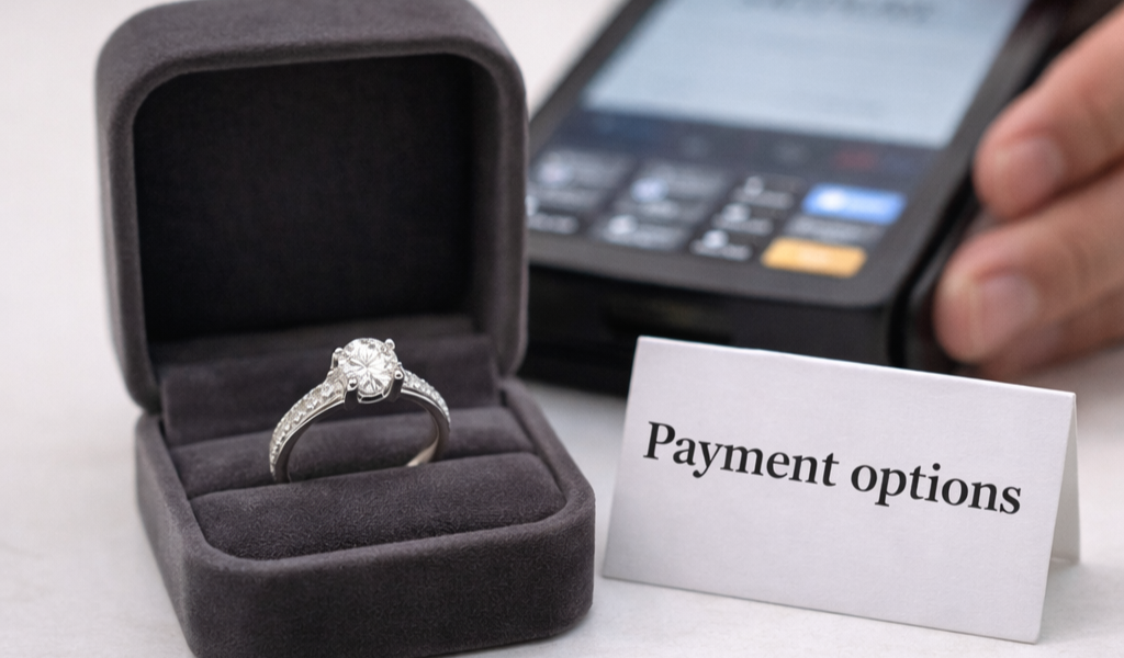 Jewelry box with unique engagement ring on counter, with blurred checkout screen and payment options card.