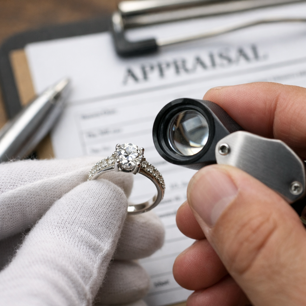 Close up of a local jeweler’s hands holding a diamond ring over a jeweler’s loupe. Appraisal form  in the background.