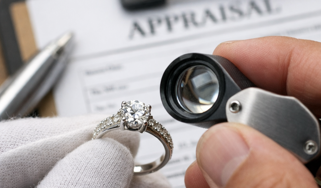 Diamond ring being examined with a loupe, appraisal document in the background.