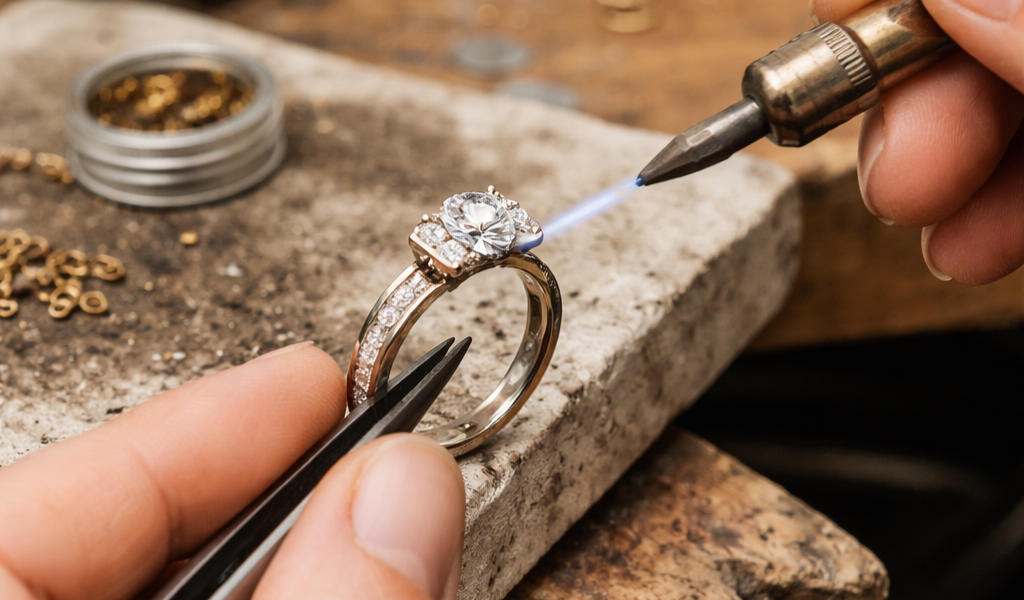 A local jeweler doing jewelry repair on an engagement ring.