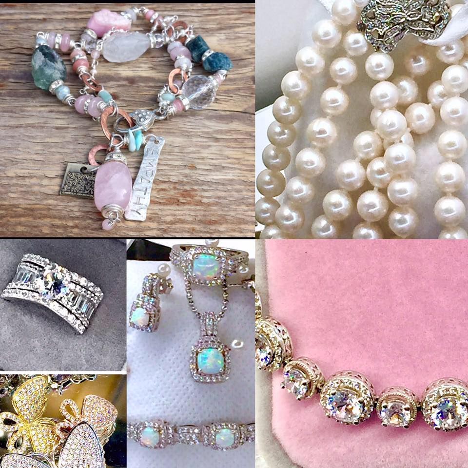 Jewelry collage: beaded bracelet, pearl necklace, rings, opal set, diamond necklace.