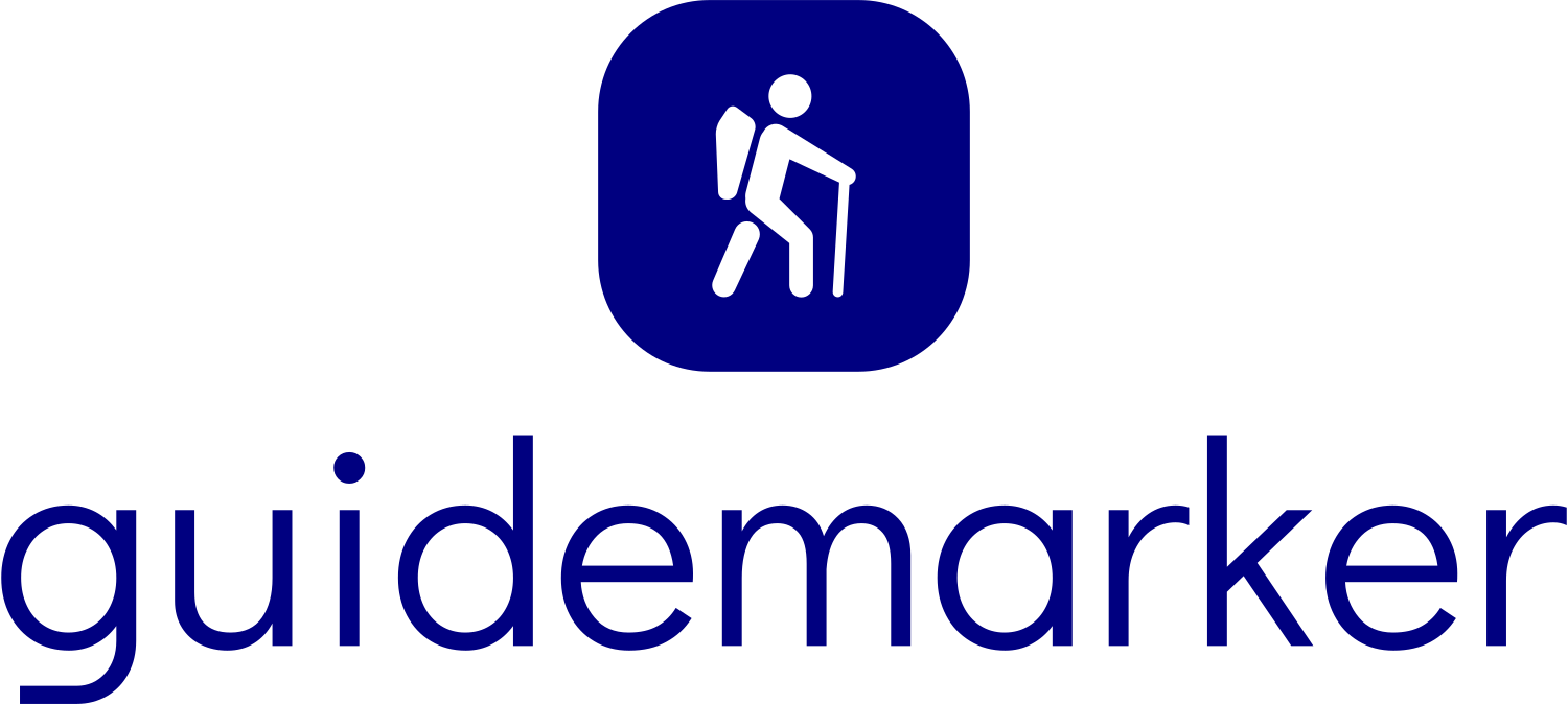 a blue logo for a company called guidemarker