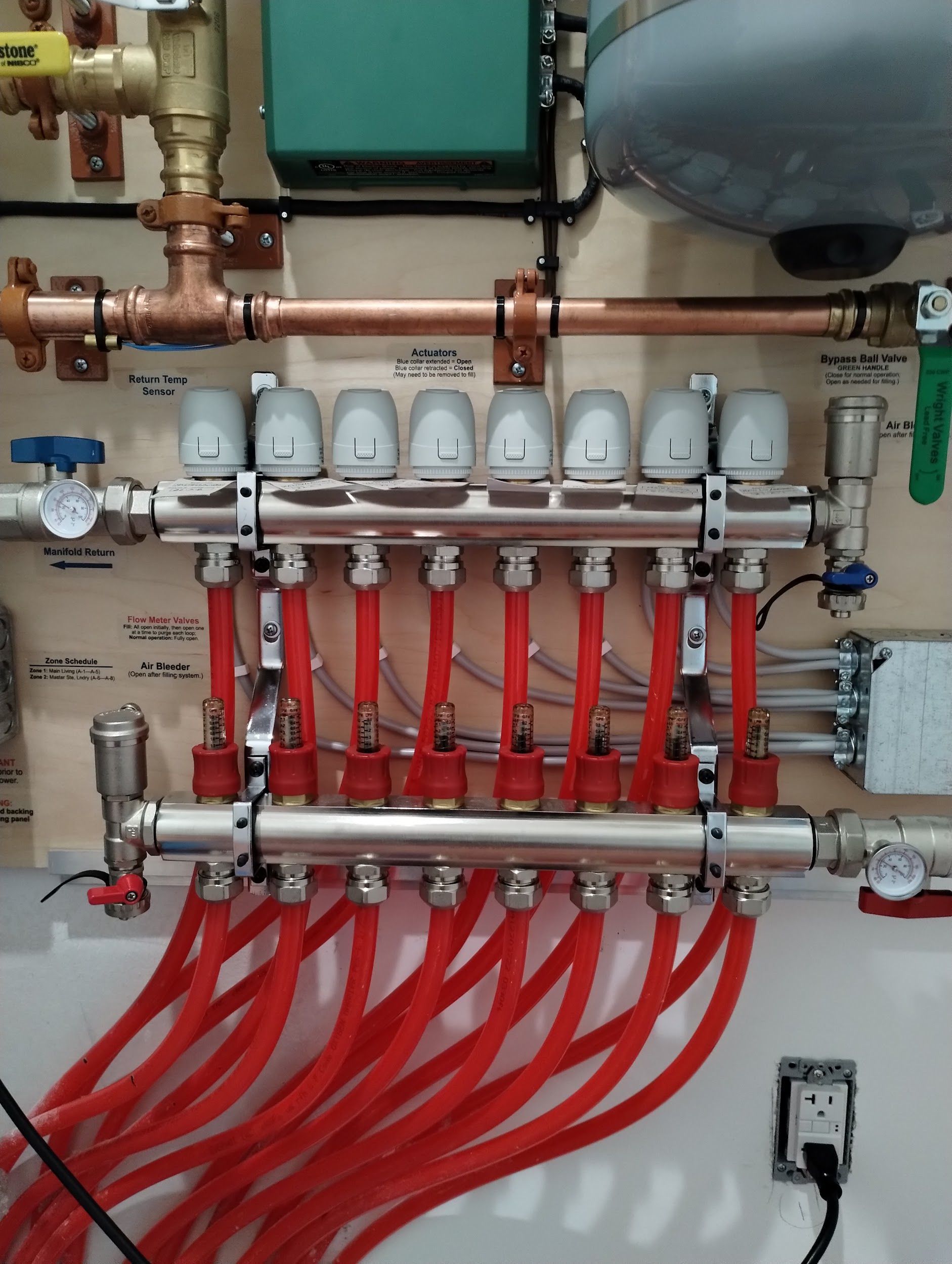 A bunch of red pipes are connected to a wall