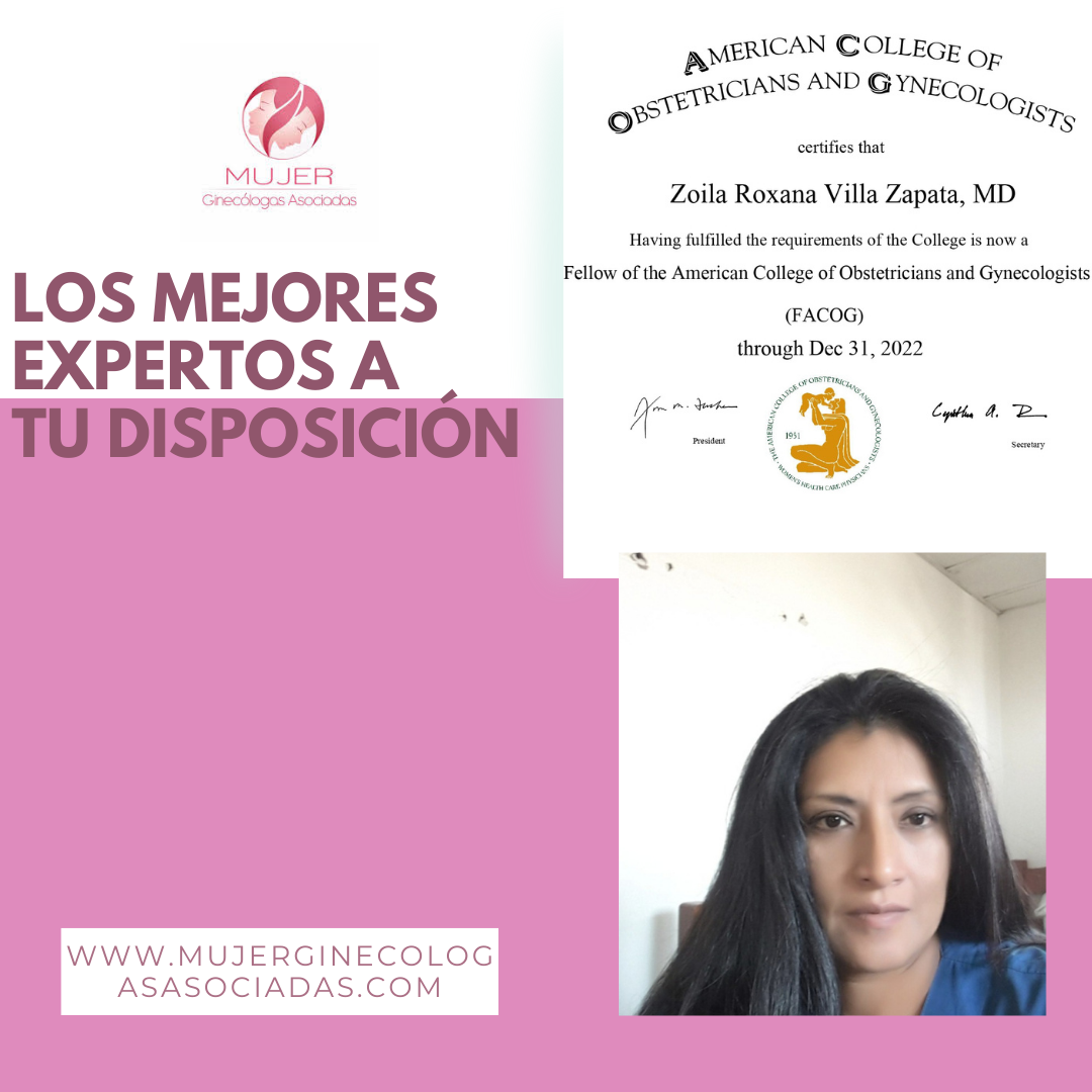 Una mujer está sentada frente a un certificado del Colegio Americano de Obstetras y Ginecólogos.