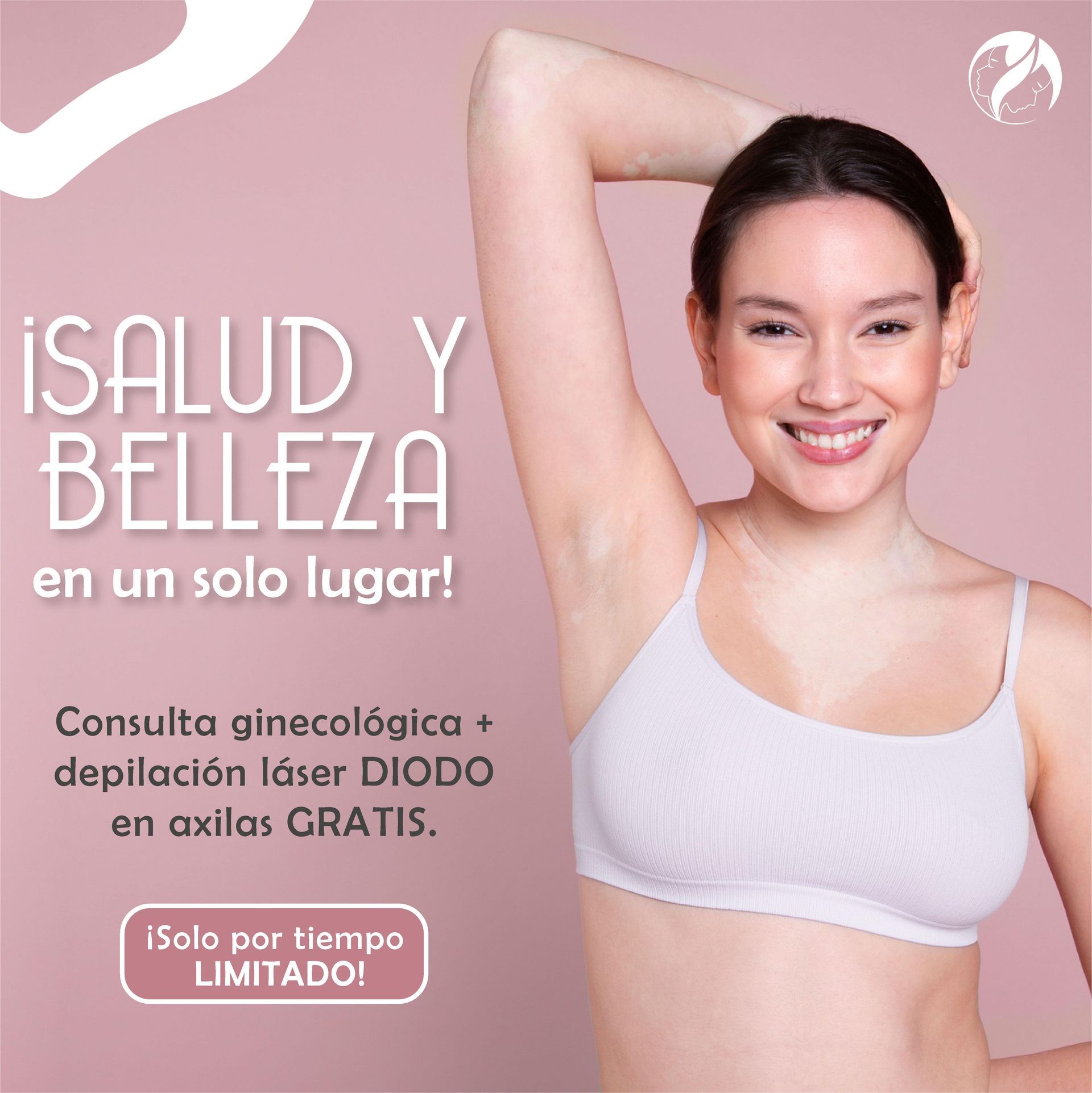 Una mujer con un sujetador blanco con las palabras isalud y belleza en la parte inferior.