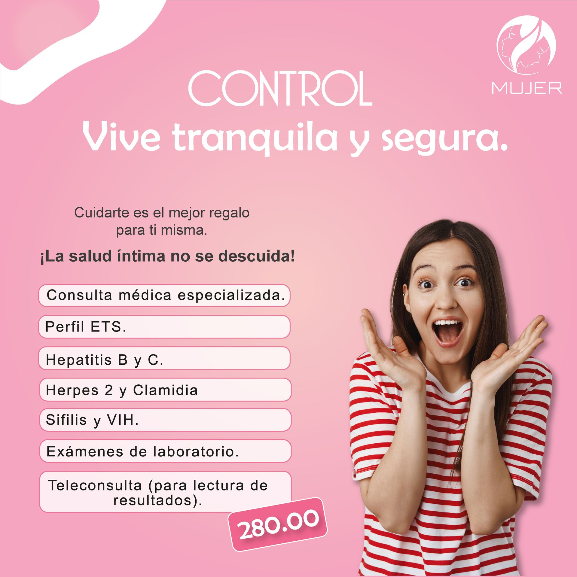 Una mujer está parada frente a un cartel rosa que dice control vive tranquila y segura