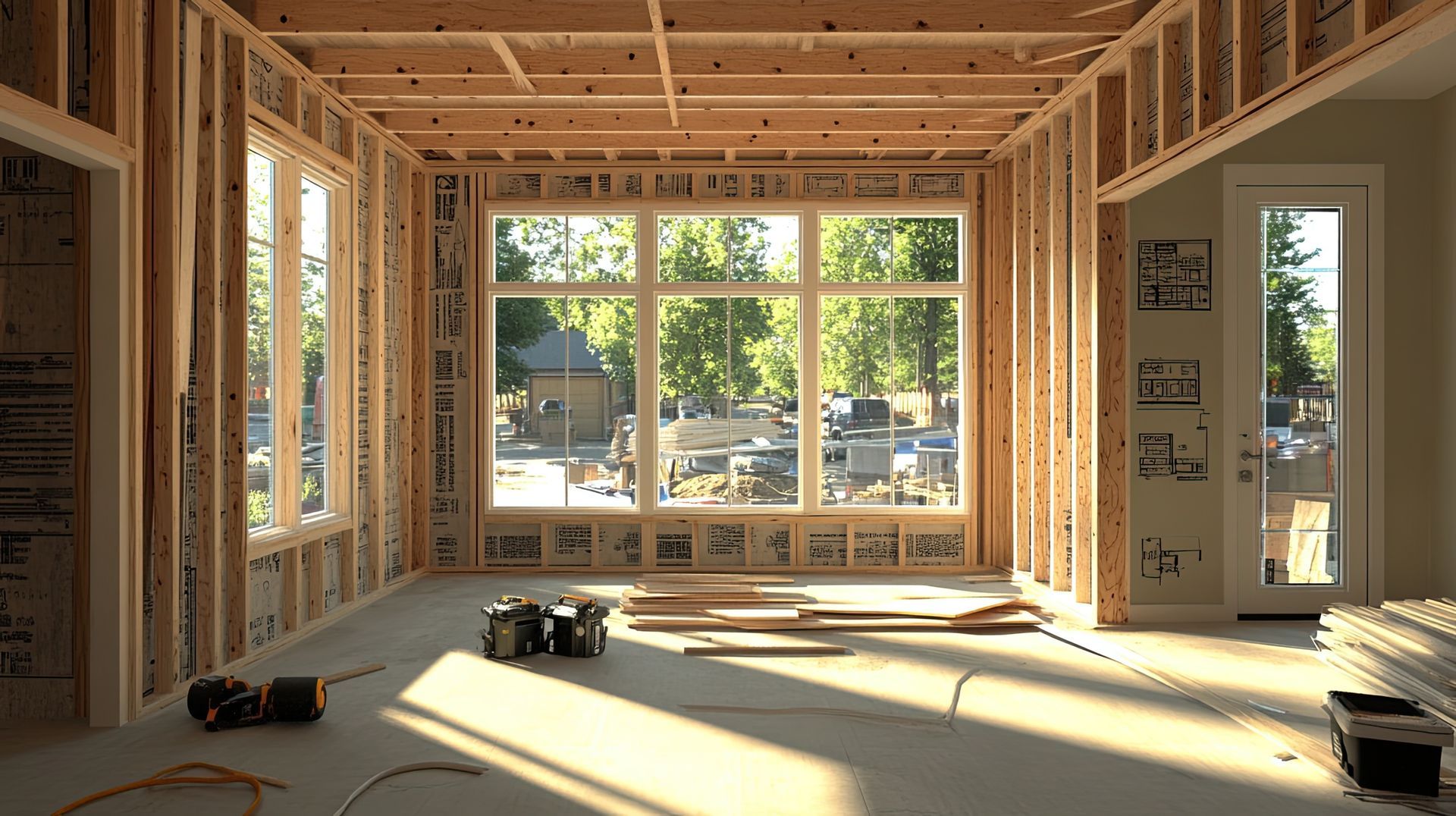 Intérieur d'une pièce en construction, avec charpente en bois apparente et grande fenêtre.