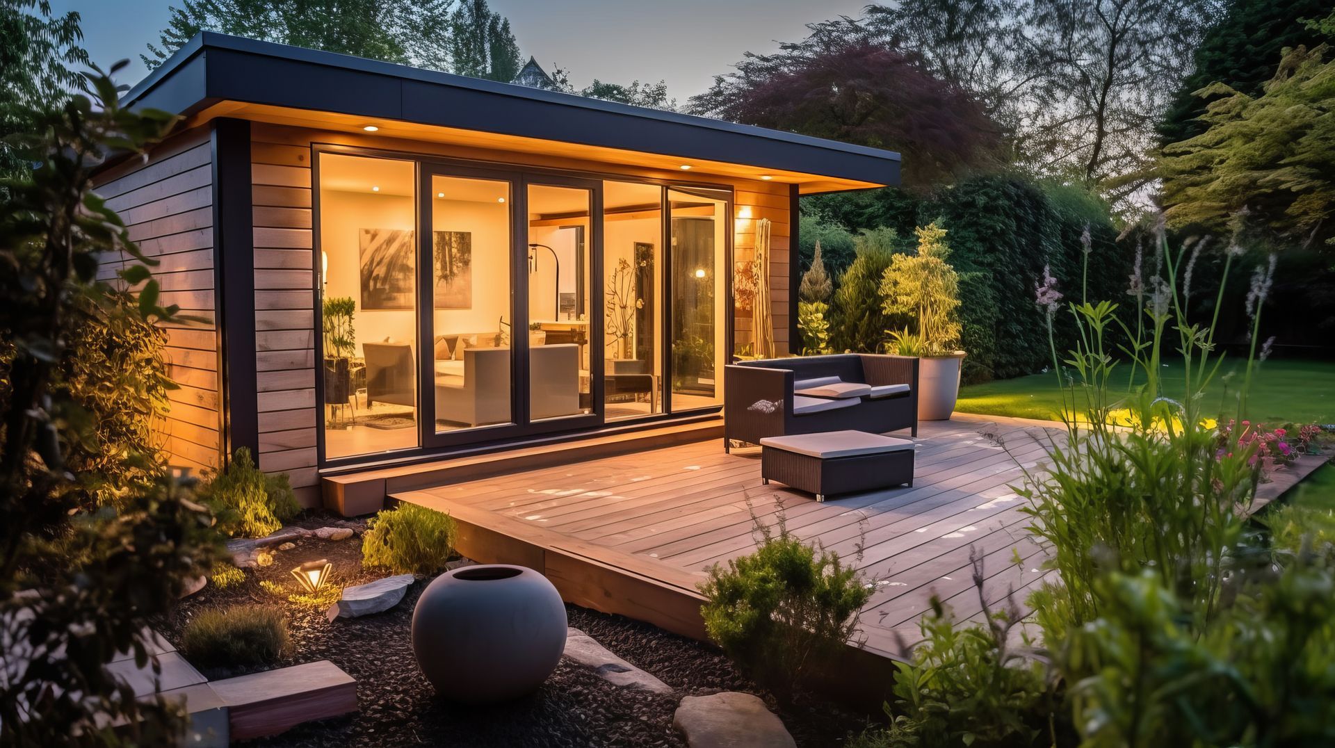 Abri de jardin moderne avec portes vitrées, terrasse et mobilier de patio, entouré d'une végétation luxuriante.