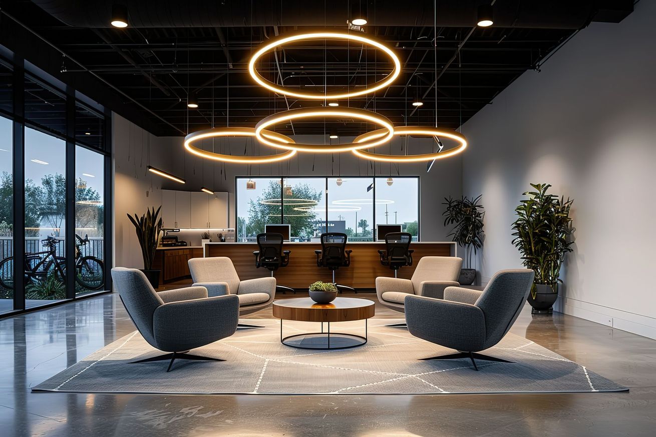 Salle d'attente moderne avec chaises grises, table basse ronde et grands luminaires circulaires.