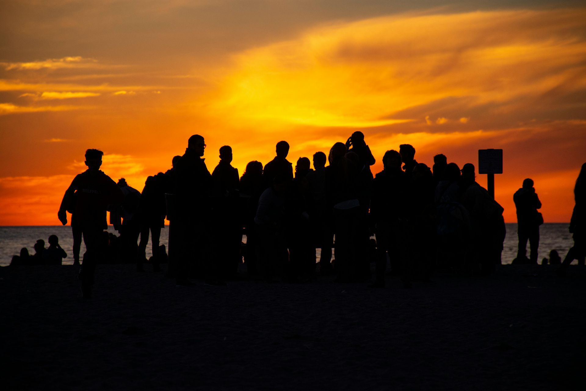 A large group of people are standing on a beach at sunset.