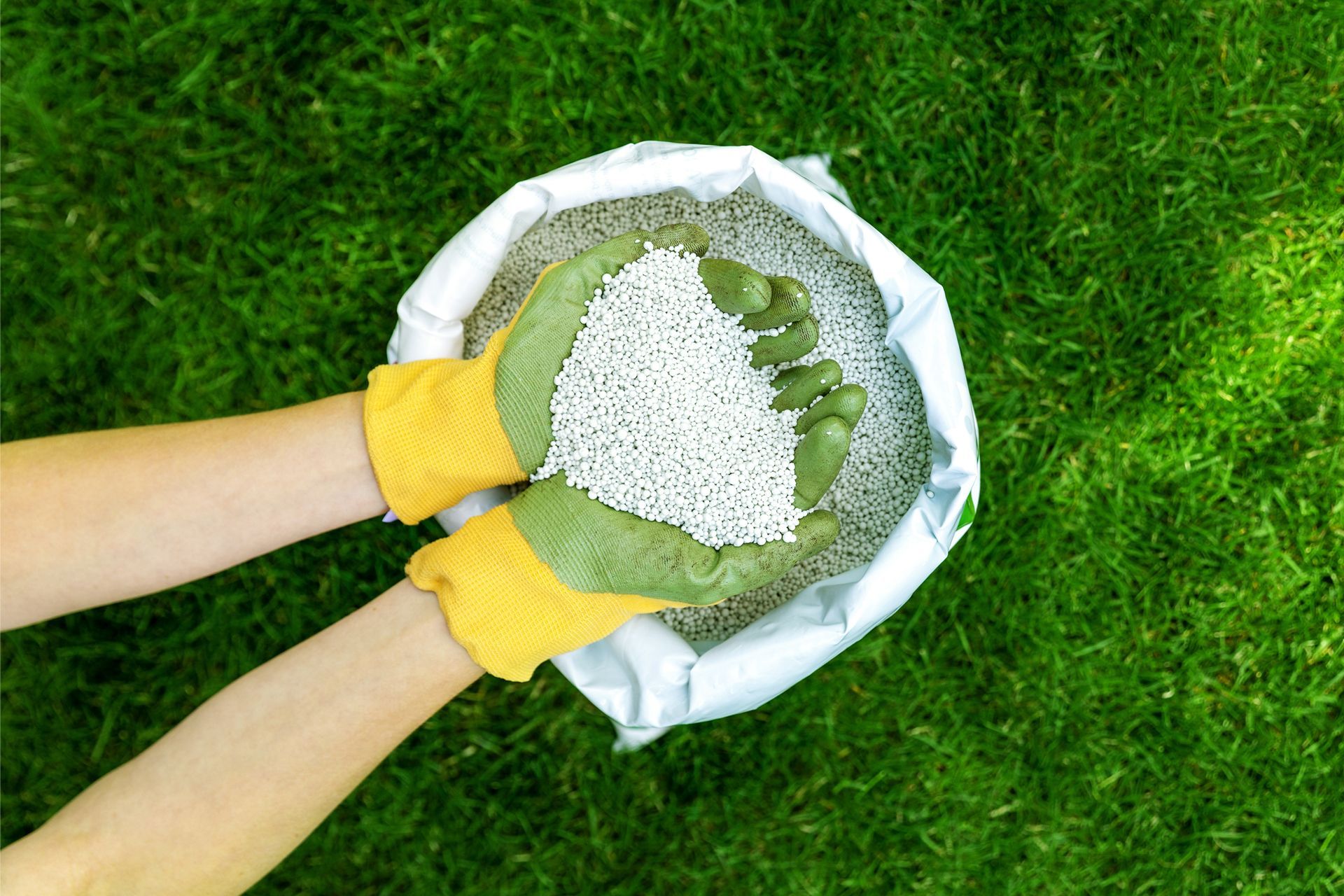 A person is holding a bag of fertilizer in their hands