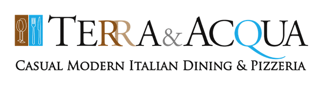 Terra & Acqua restaurant logo with blue and gold icon and tagline, “Casual Modern Italian Dining & Pizzeria”