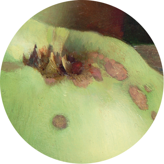 Detail stilleven met appels in houten bak