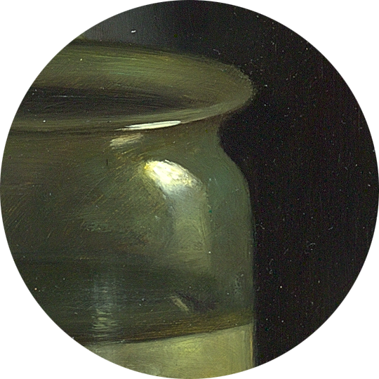 Detail Stilleven met perziken en glas