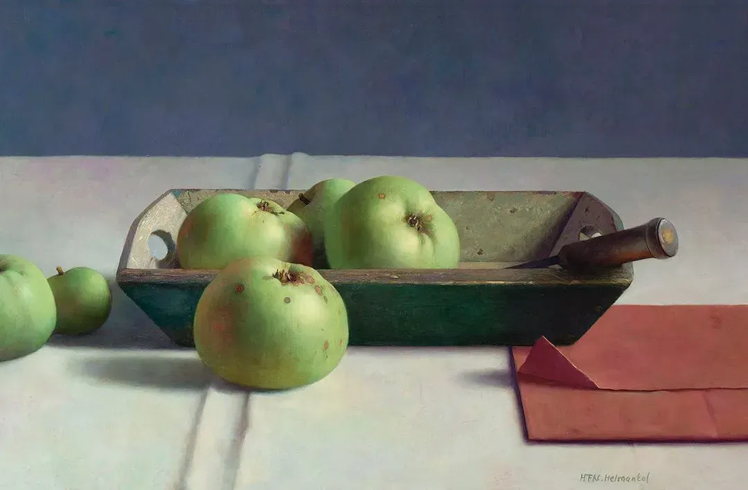 Helmantel Schilderij uit 2002 Stilleven met appels in houten bak