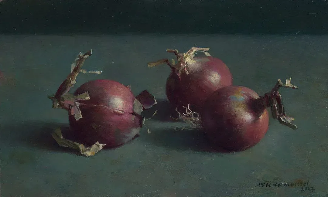 Helmantel schilderij uit 2022 Drie rode uien