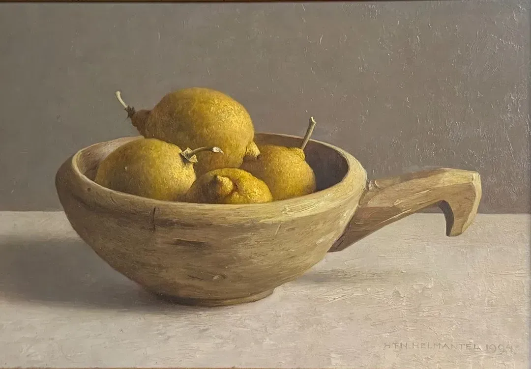 Helmantel Schilderij uit 1976 Houten nap met citroenen