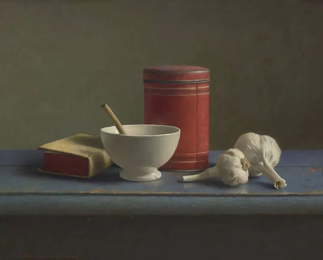 Helmantel Schilderij uit 2022 Knoflook en rode bus