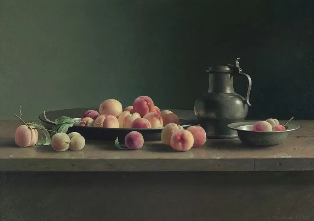 Helmantel Schilderij uit 2003 Perziken en tin