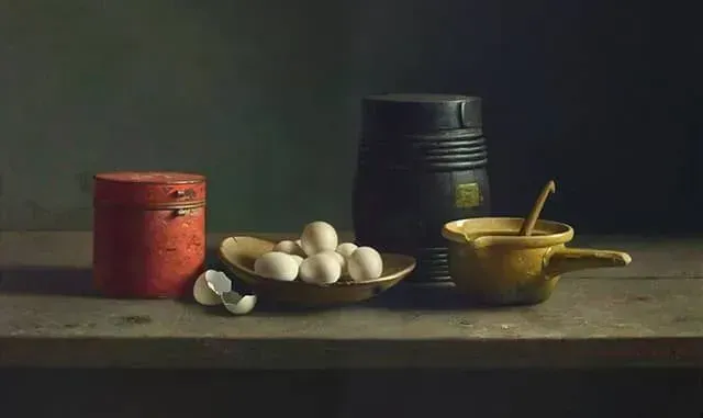 Helmantel Schilderij uit 2005 Stilleven met rode bus en eieren