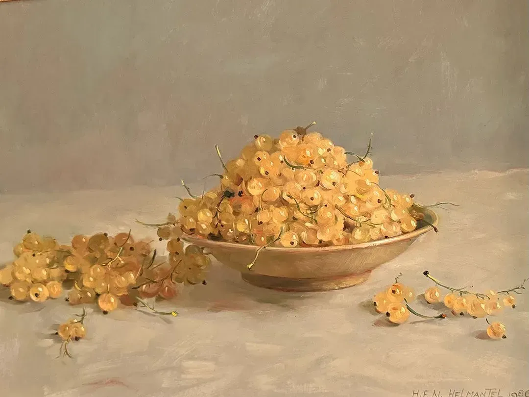 Helmantel Schilderij uit 1986 Stilleven met witte bessen