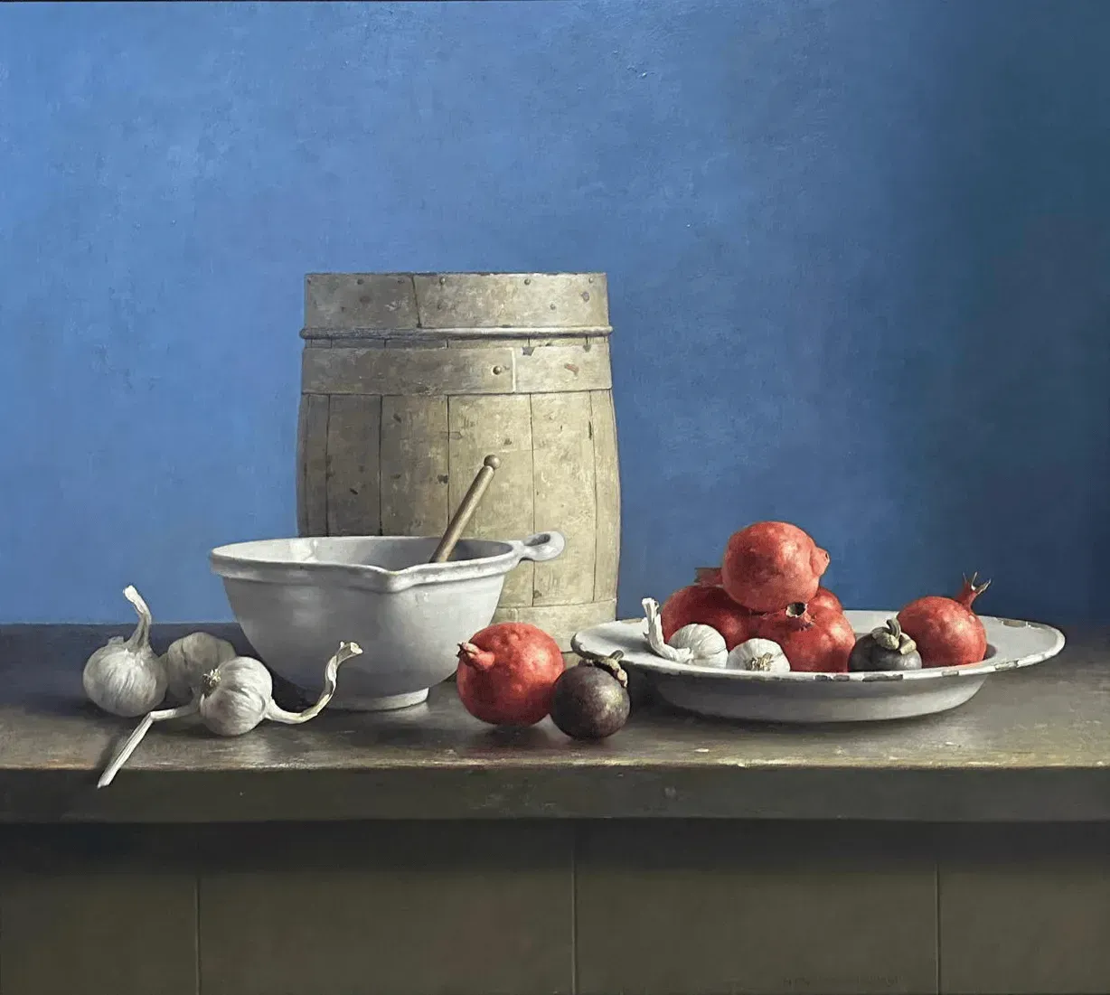 Helmantel Schilderij uit 1991 Stilleven met rode granaatappelen