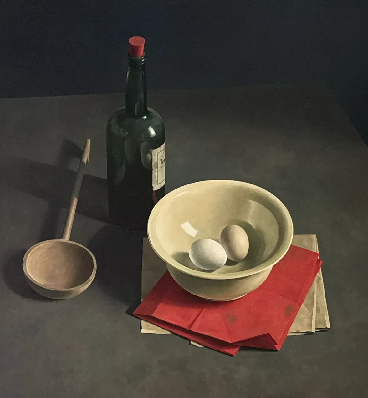 Helmantel Schilderij uit 1970 Vloercompositie met eieren in kom