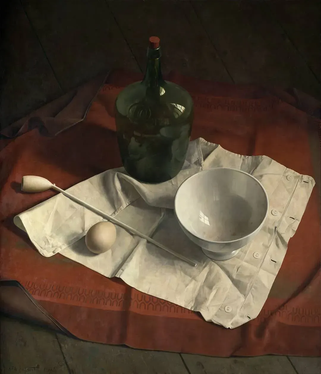 Helmantel Schilderij uit 1978 Vloercompositie met kleipijp, kom en groene fles