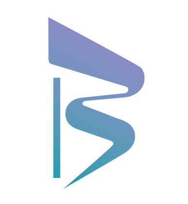 Logotipo abstracto estilizado en azul y morado con forma de letra B minúscula sobre fondo blanco.