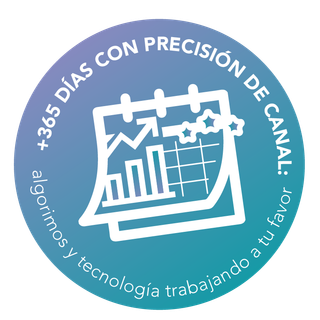 Logo circular azul con gráfico blanco y texto “365 días con precisión de canal: algoritmos y tecnología trabajando a tu lado”