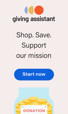 An advertisement for giving assistant shop save support our mission