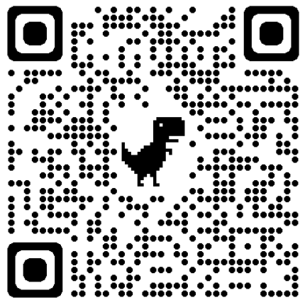 A black and white qr code with a dinosaur on it.