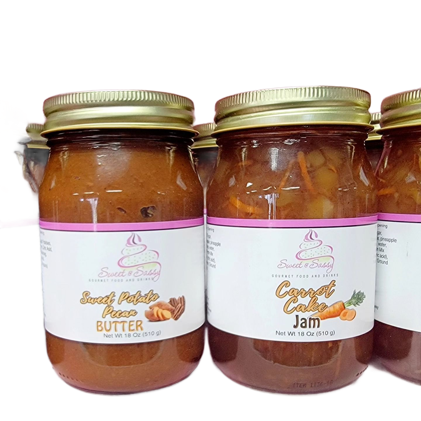 Two jars of Sweet Potato Pecan Butter and Carrot Cake Jam with labels.