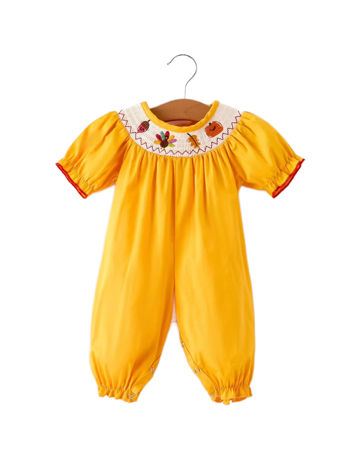 Yellow baby romper with puff sleeves and embroidered collar, on a hanger.