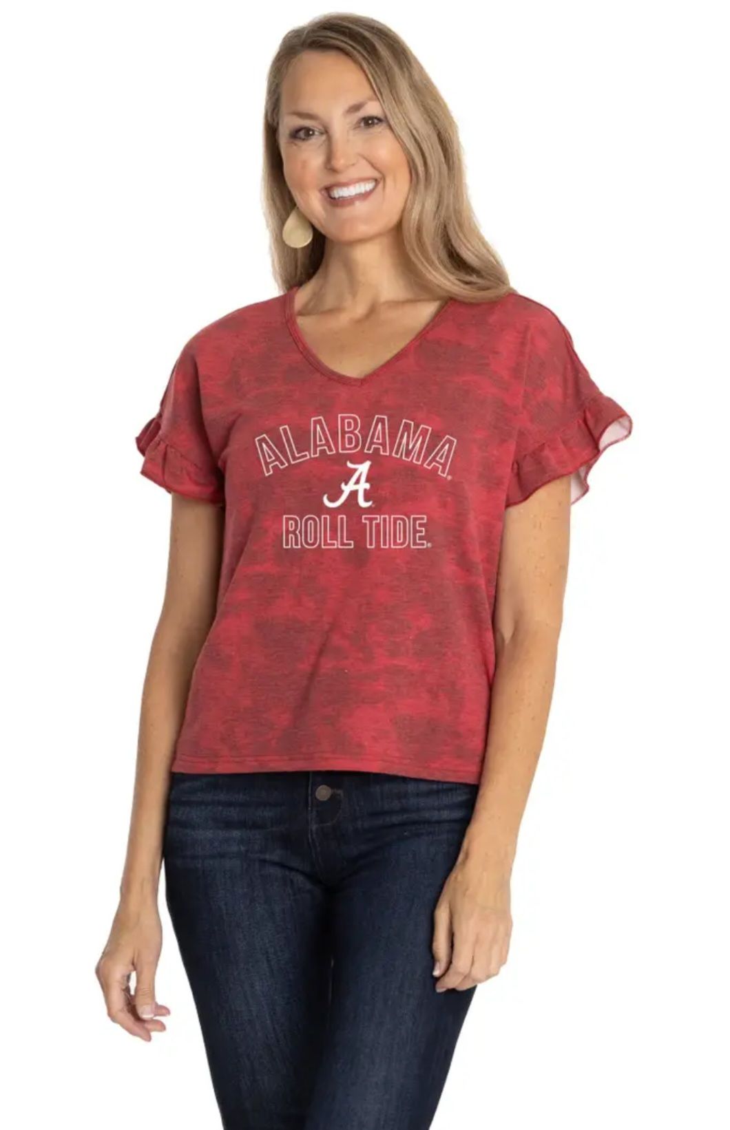 Woman in red Alabama t-shirt and blue jeans.
