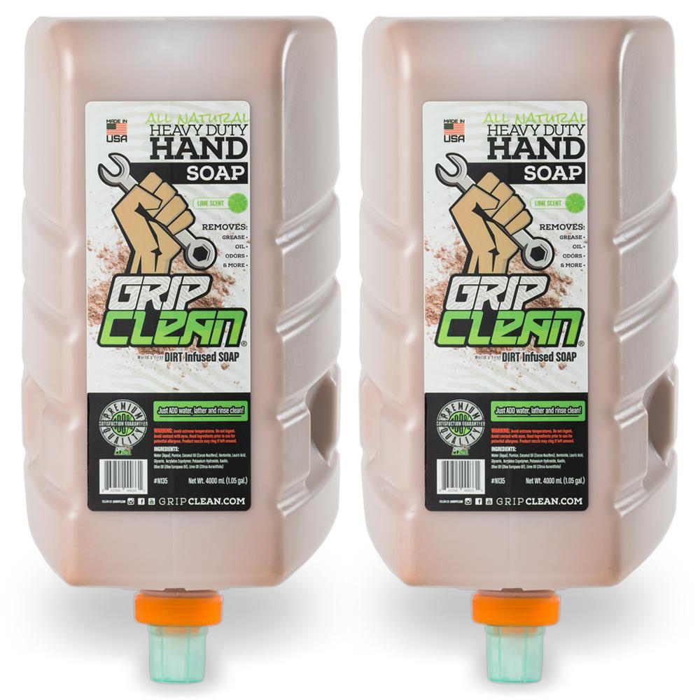two bottles of grip clean heavy duty hand soap