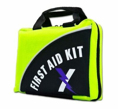 a black and yellow first aid kit with a lightning bolt on it