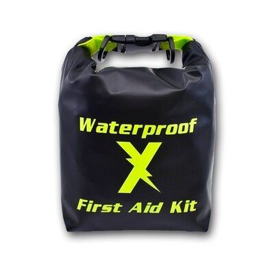 a black bag that says waterproof first aid kit