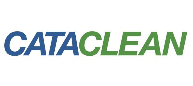 the logo for cataclean is blue and green on a white background .
