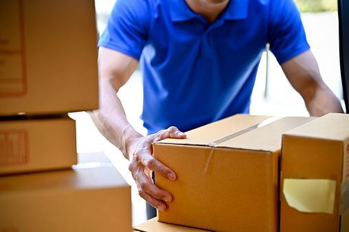a delivery man in a blue shirt is holding a cardboard box .