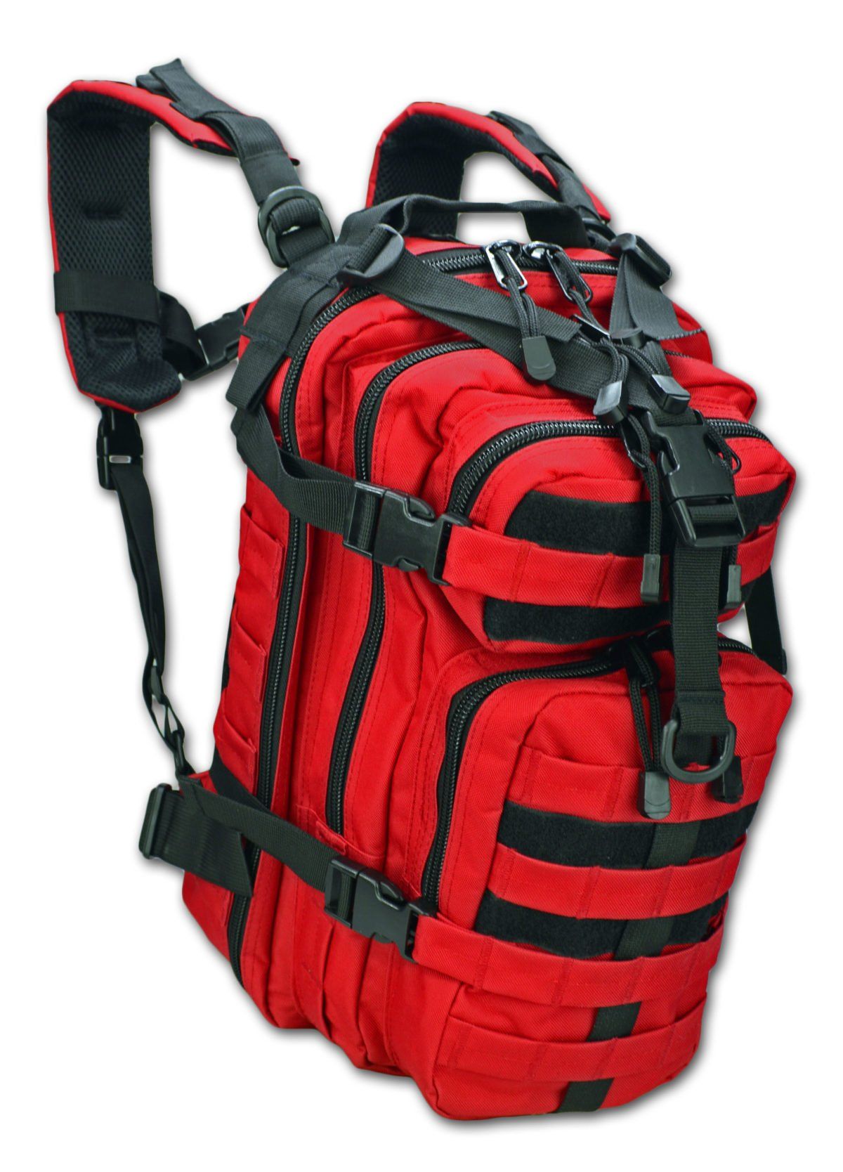 a red tactical backpack with black straps on a white background