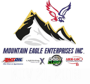 a logo for mountain eagle enterprises inc. with an eagle on top of a mountain