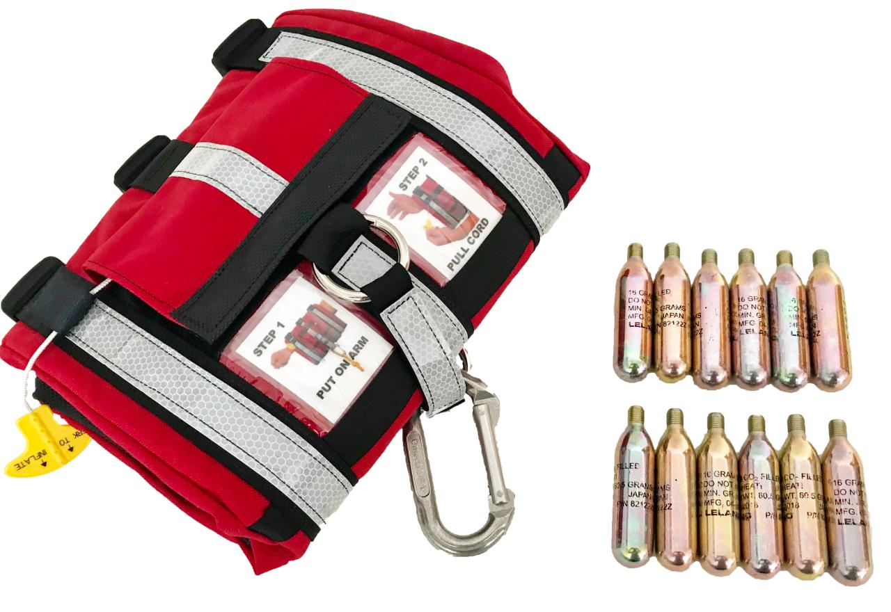 a red bag with a carabiner and a bunch of bottles next to it