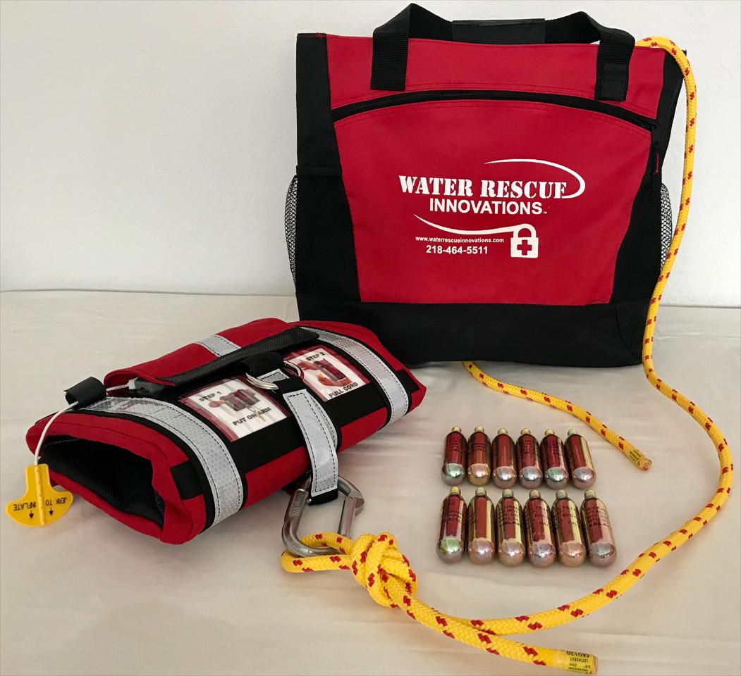 a red bag that says water rescue innovations on it