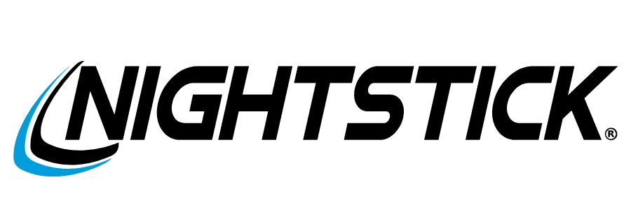 the nightstick logo is black and blue on a white background .
