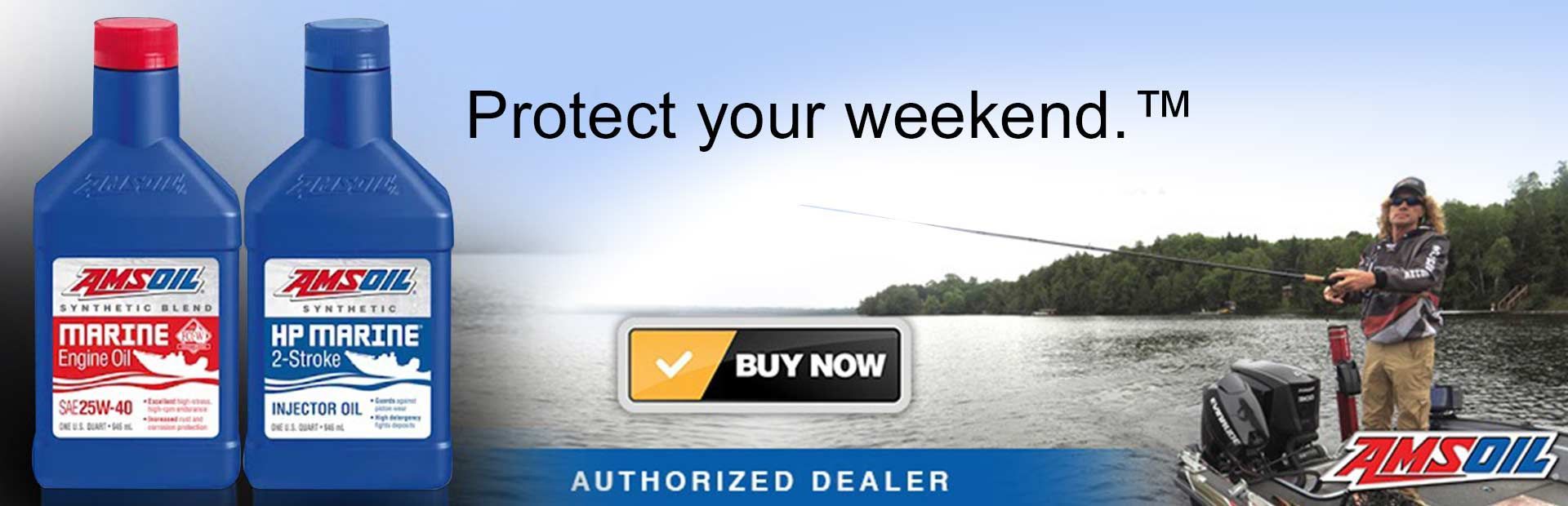 two bottles of amsoil oil with a man in a boat in the background