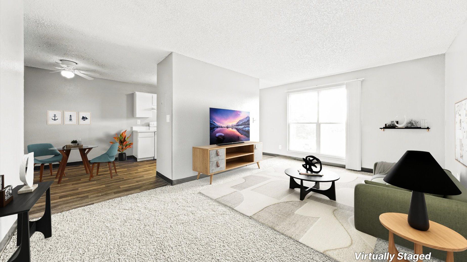 Living room of an apartment with a TV on a wooden console, sofa, rug, and a large window.