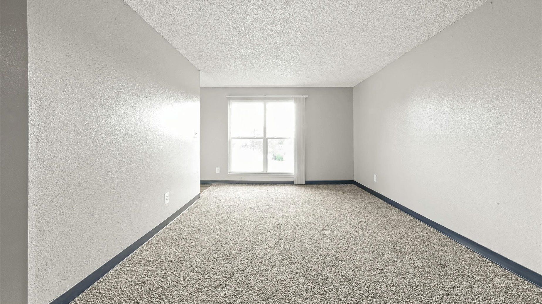 Empty apartment living room with neutral walls, carpet, and a large window letting in light.