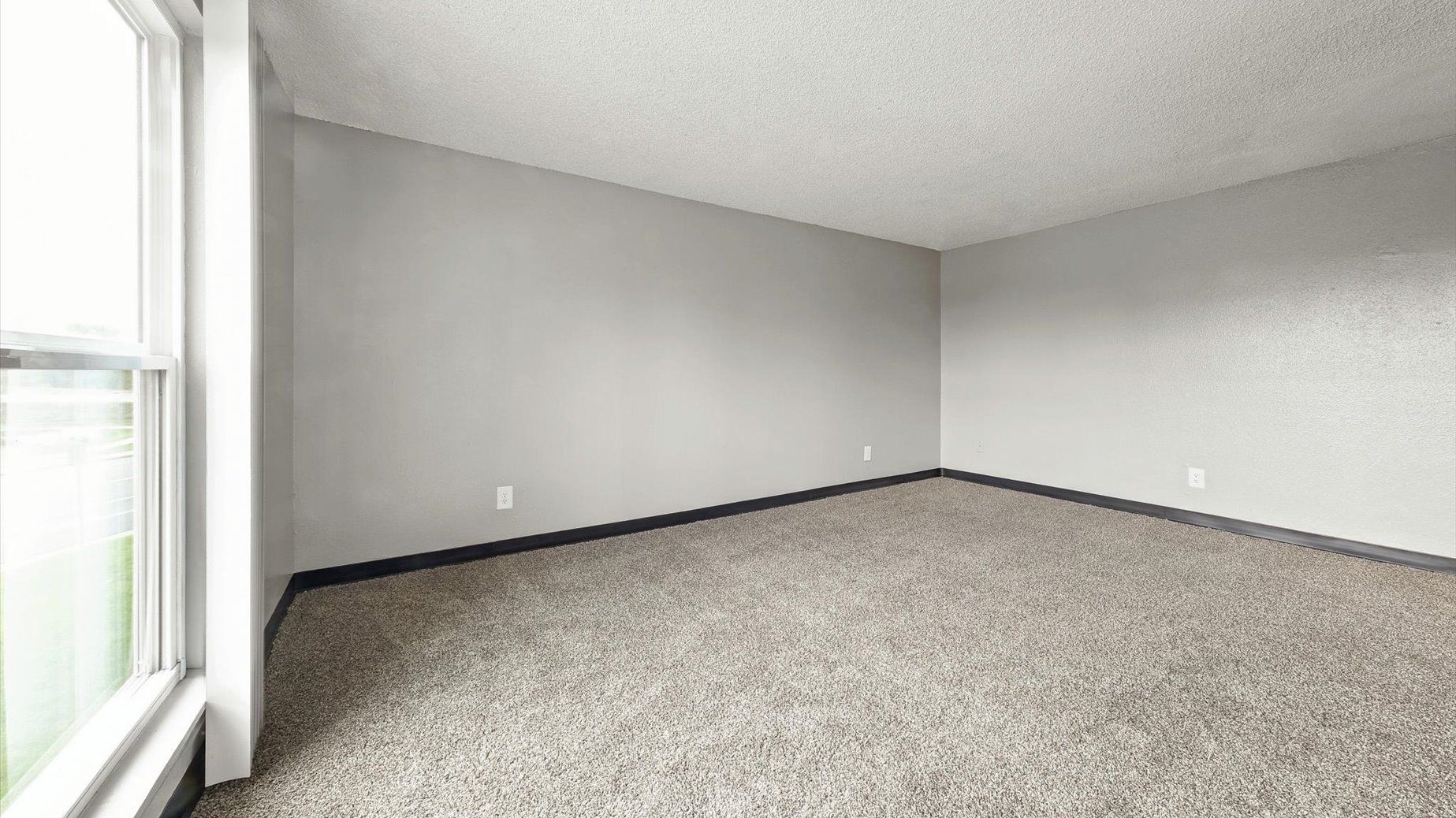 Empty apartment living room with gray walls, carpet, and a large window.