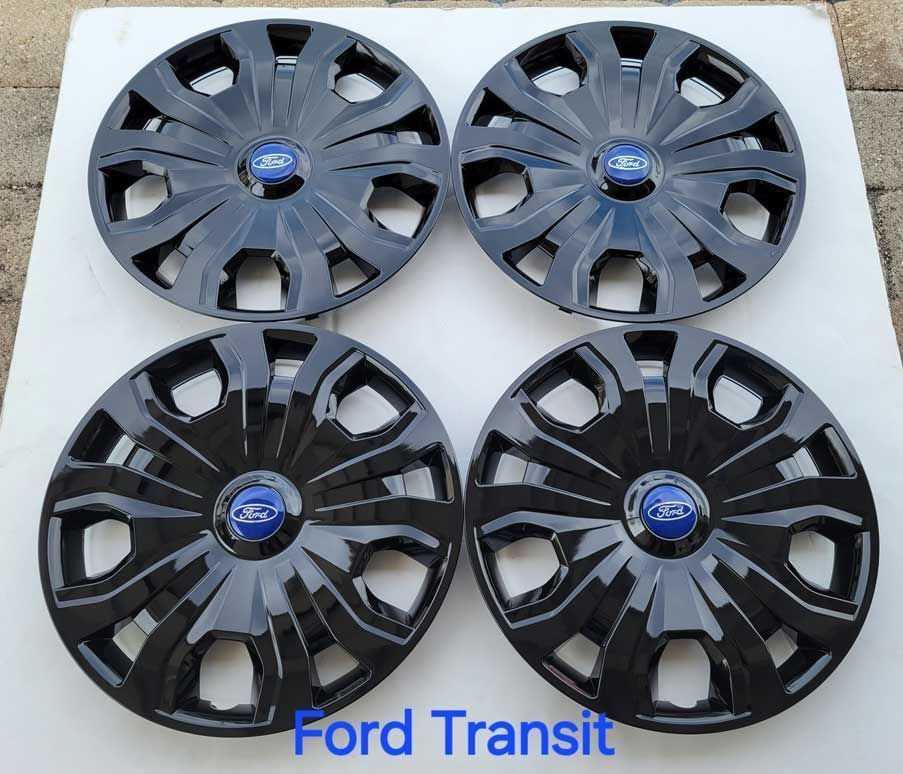 Four black Ford Transit hubcaps.